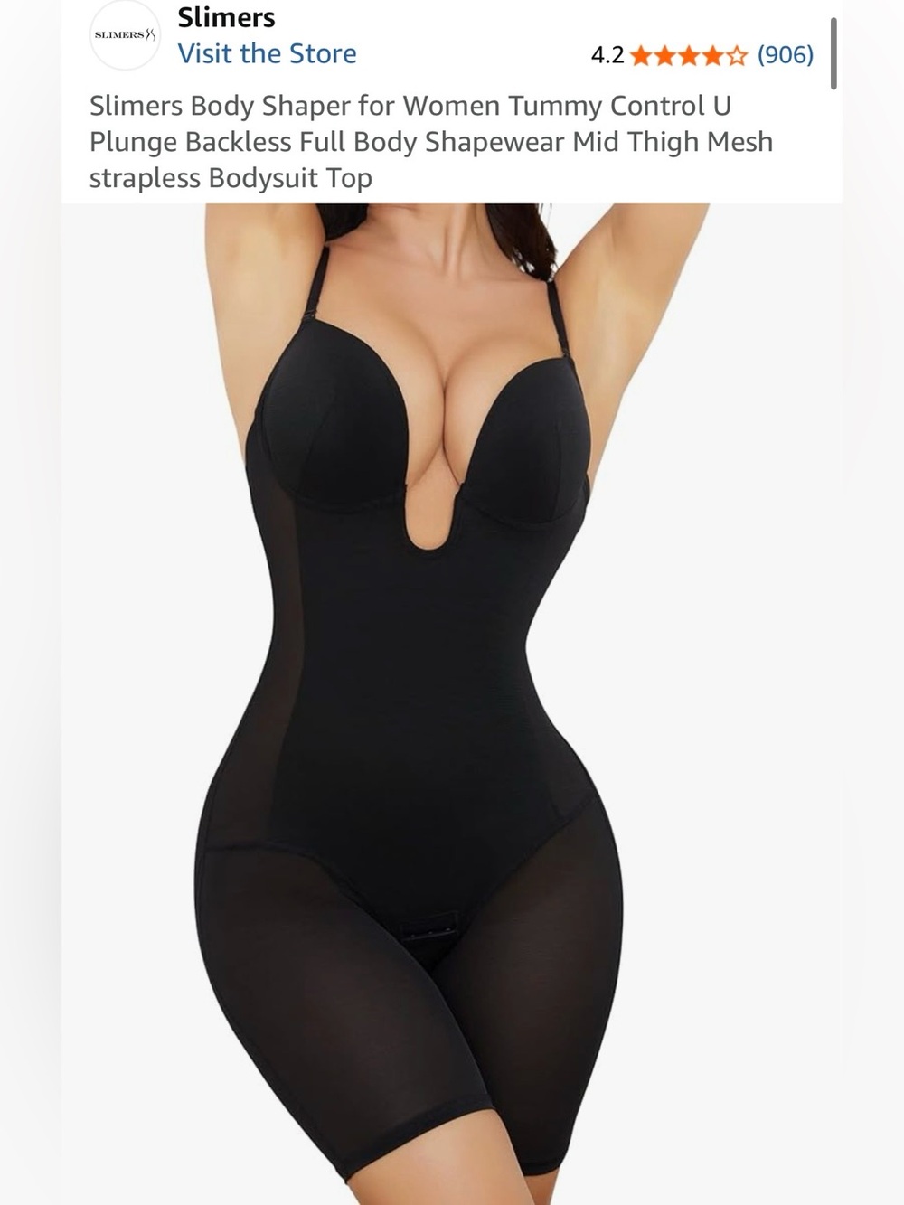 NWT, Black U-Plunge Backless Full Body Shapewear Bodysuit, Size XL